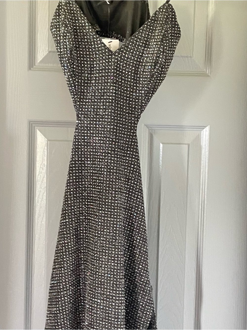 Metallic Black & Silver V-Neck Evening Dress